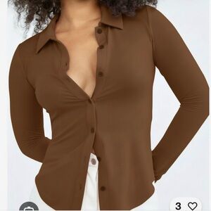 Aritzia Wilfred Pose Collared Button Down Drapy Ultra Soft, Sz Small, Brown